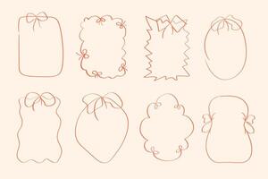 Vintage thin frames set of different shapes with ribbon bows. Cute linear doodles hand drawn design elements. Frame for cards, birthday and wedding invitations vector
