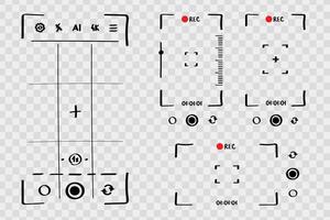 Camera Recording Interface Elements. Viewfinder HUD Icons with REC, Focus Grid, Zoom, and Controls. Doodle style sketch. vector