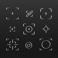 Set of focus elements, hand drawn in doodle style. Aim and crosshair camera symbols on dark background. vector