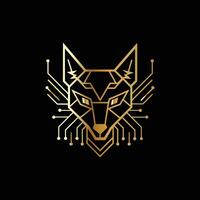 a golden fox head on a black background. Technology Monogram design template. vector