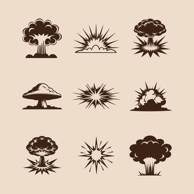 Atomic Bomb Explosions Silhouette Icon Set, Destruction, Nuclear Explosive Mushroom Smoke Clouds in Retro Comic Style Art Illustration