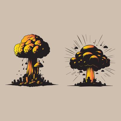 Atomic Bomb Explosions over a City Destruction, Nuclear Explosive Mushroom Smoke Clouds in Retro Comic Style Art Illustration