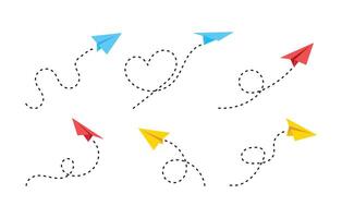 Flat paper plane flying with dotted route path design vector