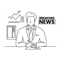 Simple line drawing of a news anchor reporting breaking events with a clock indicating immediacy. Atmosphere is informative, critical. Perfect for news blogs, articles. vector