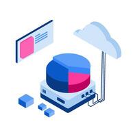 Data Analysis Visualization Isometric illustration of line graphs and a 3D pie chart with server racks. Conveys data complexity, insight. Perfect for tech blogs, data science visuals vector