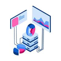 Isometric illustration of a server with a data donut chart and screen. Conveys data management, analysis. Perfect for IT services, cloud computing vector