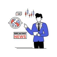Illustration of a news anchor pointing to a world map and stock data. Suggests a live, critical update. Perfect for finance blogs, business websites vector