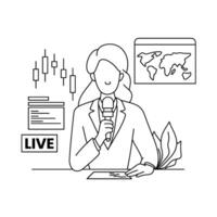Outline illustration of a news reporter presenting urgent information with graphic elements. Conveys a sense of urgency. Perfect for news, current events, media content vector