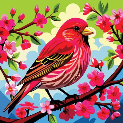 a painting of a bird sitting on a branch with flowers