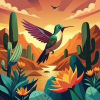 a colorful illustration of a hummingbird flying over a desert landscape vector