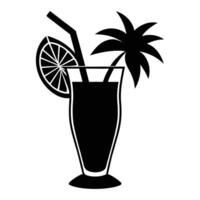 a black and white illustration of a cocktail with a slice of lemon and a straw vector