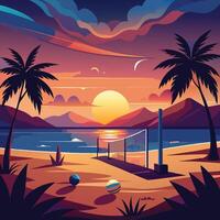 a beach scene with palm trees and a volleyball net vector