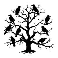 a black and white drawing of a tree with crows sitting on it vector