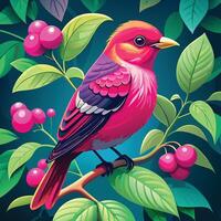 a colorful bird sitting on a branch with berries vector