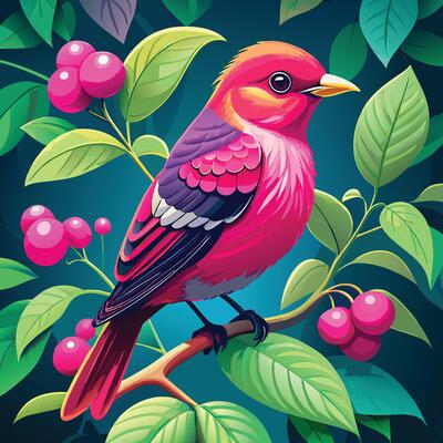 a colorful bird sitting on a branch with berries