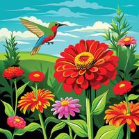 a painting of a bird flying over a field of flowers vector