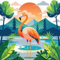 flamingo in the jungle at sunset illustration vector