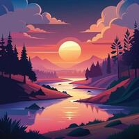a sunset landscape with a river and trees vector