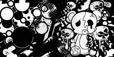 Black and white abstract background with teddy bear and skull objects vector