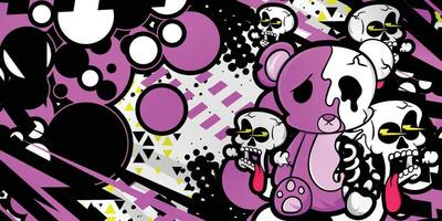 Pink abstract background with teddy bear and skull objects vector