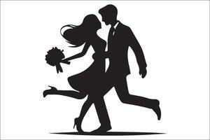 Silhouette of a bride and groom running together vector