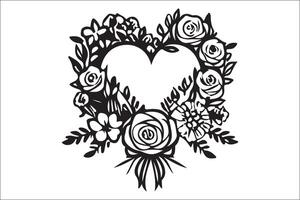 A black and white drawing of a heart with roses vector