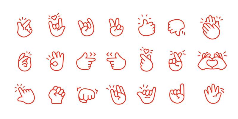 Cute Cartoon Hand Logo Icons Outline Red color, Chubby finger emoji sticker sign symbol, editable stroke.