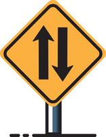 A yellow road sign with two arrows pointing in different directions vector