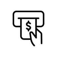 Hand withdrawing cash from an ATM machine icon. Depicts modern finance, banking, and financial transactions. vector