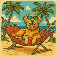 Dog Relaxing in Hammock on Beach with Palm Trees Illustration vector