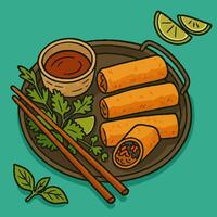 Spring Rolls Served with Dipping Sauce, Herbs, and Lime Slices vector