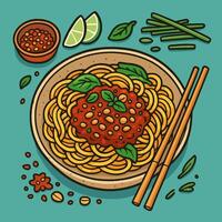 Serving of Noodles with Red Sauce and Herbs Cartoon Style vector