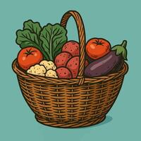Vegetable Harvest Wicker Basket Still Life Cartoon Style Illustration vector