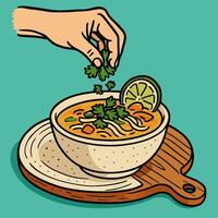 Adding Fresh Cilantro to a Bowl of Flavorful Noodle Soup vector