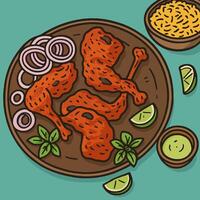 Serving of Chicken Drumsticks with Onion Slices and Lime Wedges vector