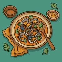 Serving Clam Soup in Bowl with Spoon and Parsley vector