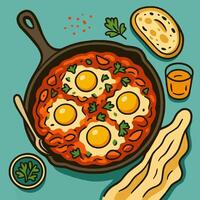 Shakshuka Style Eggs in Pan with Bread and Orange Juice vector