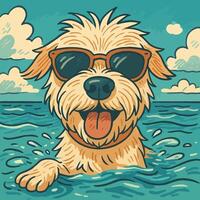 Dog Swimming in Ocean with Sunglasses Cartoon Style Happy Canine vector