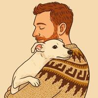Man Hugging Dog Comforting the Pet with Love and Affection vector