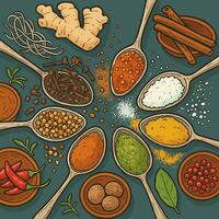 Assorted Spices in Spoons and Bowls Culinary Ingredients Concept vector