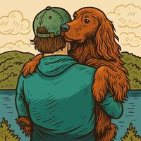 Man Hugging Dog at Lake Enjoying Nature Together Illustration vector