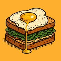 Sandwich with Fried Egg and Greenery Drizzling Yolk Over Stack vector