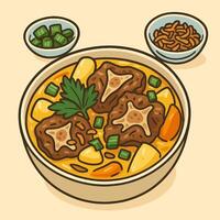 Serving Oxtail Stew in Bowl with Vegetables and Herbs Cartoon vector