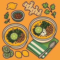 Serving Hot Soup Illustration with Lime and Ginger on Orange Background vector