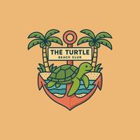 Cute Turtle Graphic Floating in Water Under Palm Trees and Sign vector