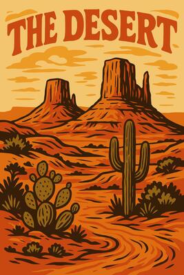 Desert Landscape Artwork with Cacti and Sandstone Mountains Illustration
