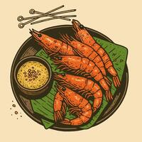Grilled Shrimp on Plate with Sauce and Skewers Food Illustration vector