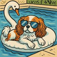 Dog Relaxing on Swan Float in Pool Wearing Sunglasses Illustration vector