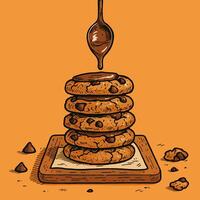 Stack of Chocolate Chip Cookies with Chocolate Sauce Pouring Down vector