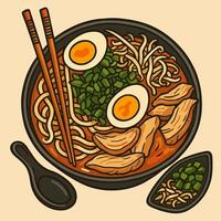 Ramen Bowl Illustration with Noodles Egg and Meat Toppings Overhead vector